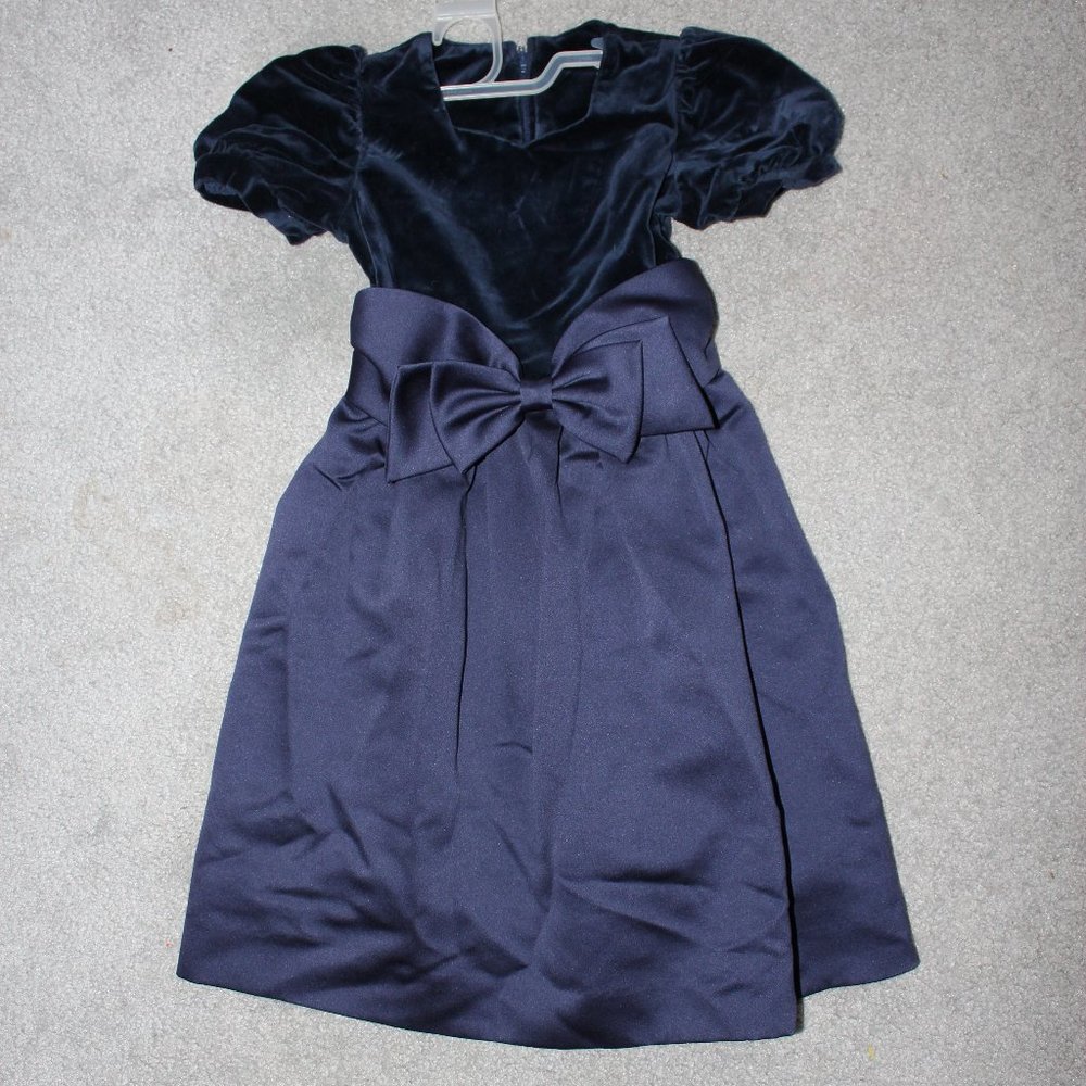 Therese Girl Sz 4 Navy Blue Velvet Dress Bow Front